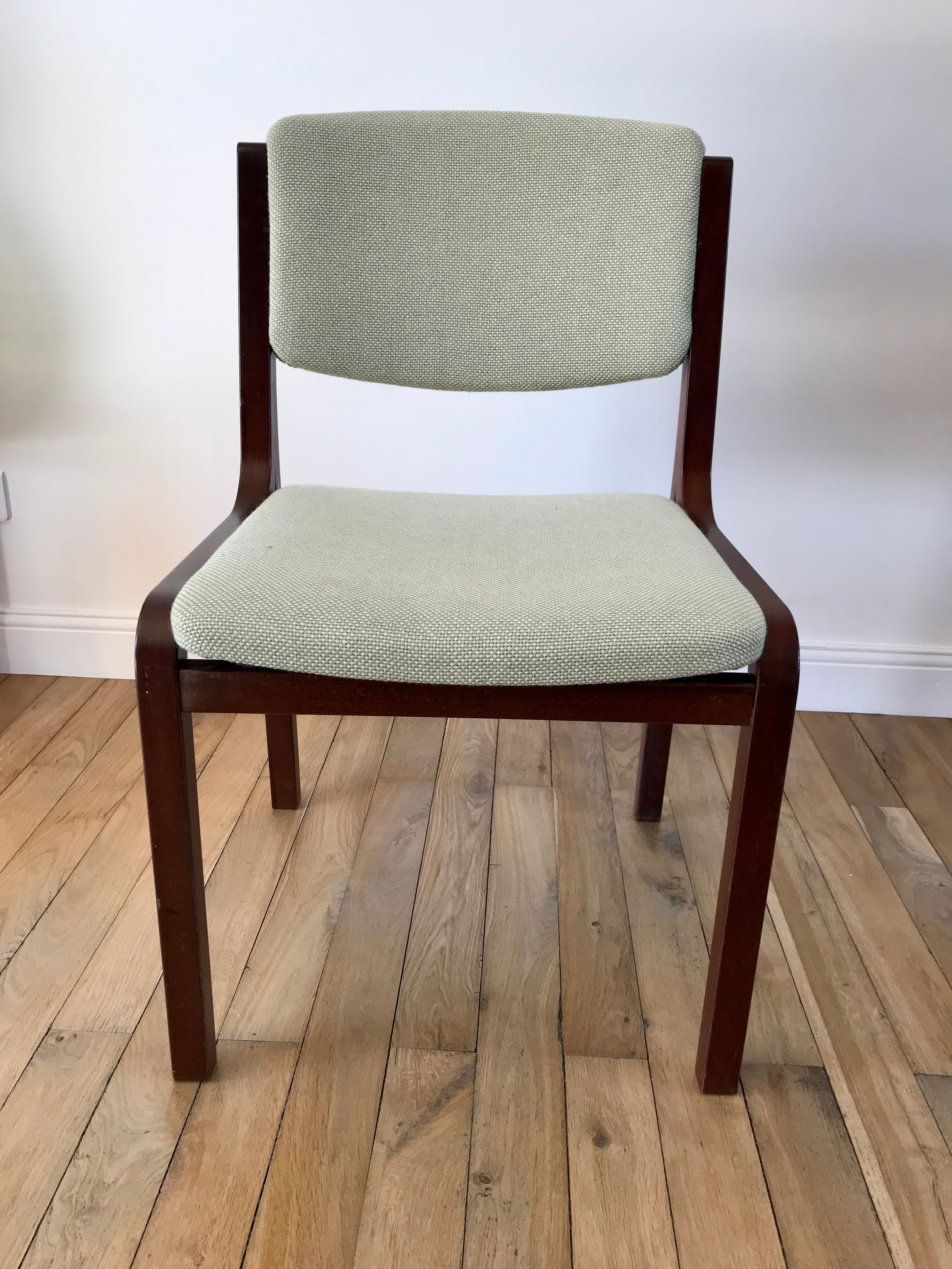 Pair of wooden armchairs and green and ecru fabrics 70s