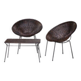 Mid-Century Italian Rattan Armchairs & Table Set, 1950s, Set of 3