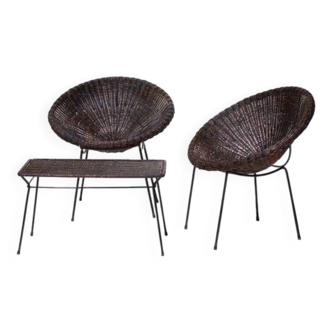 Mid-Century Italian Rattan Armchairs & Table Set, 1950s, Set of 3