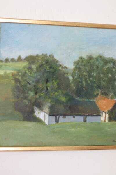 Original Swedish oil on canvas – “Landscape with Farm” by H. Engkvist – dated 1983 – vintage & framed – 41 × 50 cm (16.1" × 19.7")