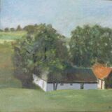 Original Swedish oil on canvas – “Landscape with Farm” by H. Engkvist – dated 1983 – vintage & framed – 41 × 50 cm (16.1" × 19.7")