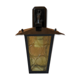 Pretty iron and glass lantern In very good condition black iron color of yellow glass relief circ