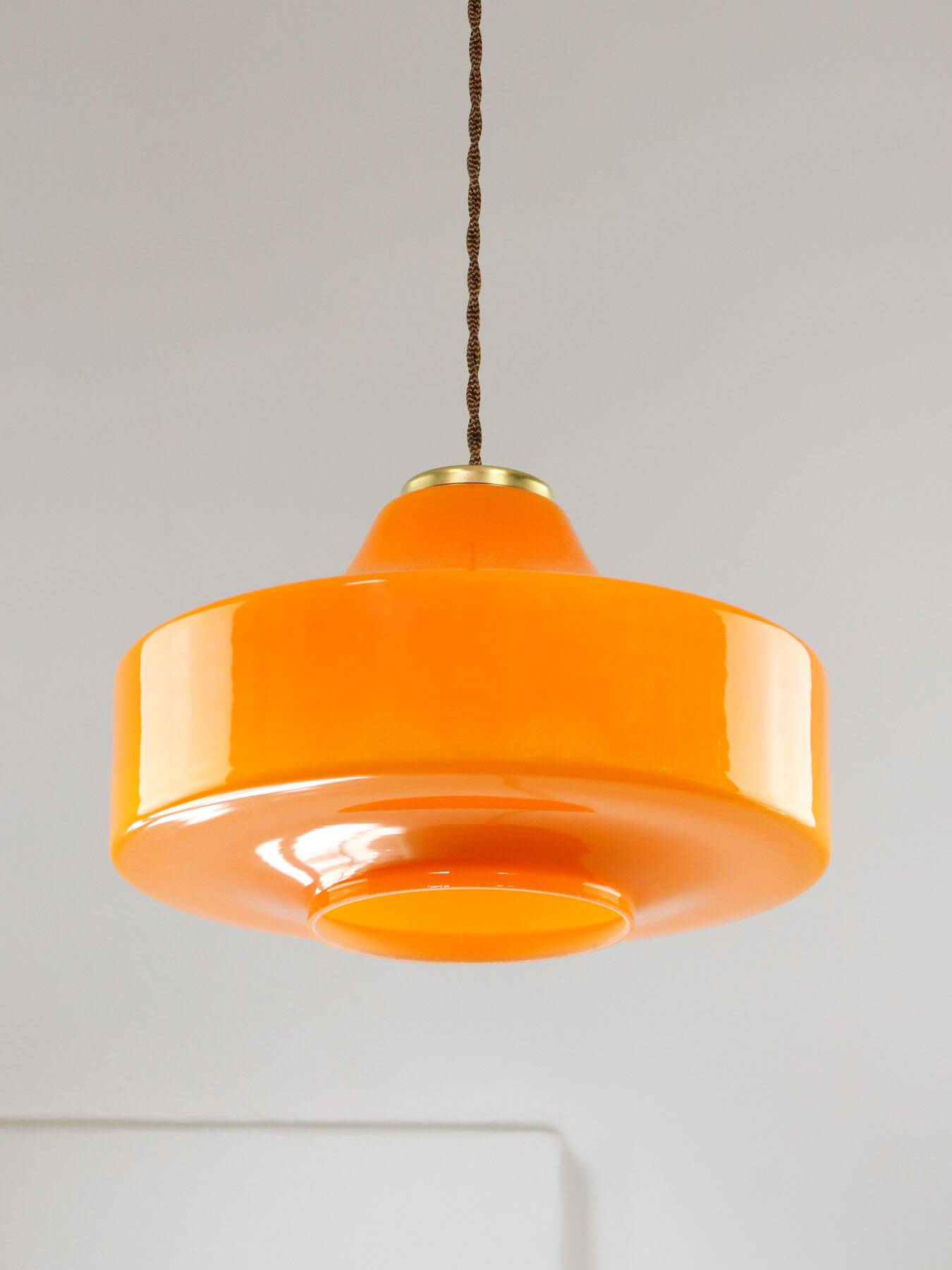 Mid-Century Italian Orange Glass & Brass Pendant Lamp