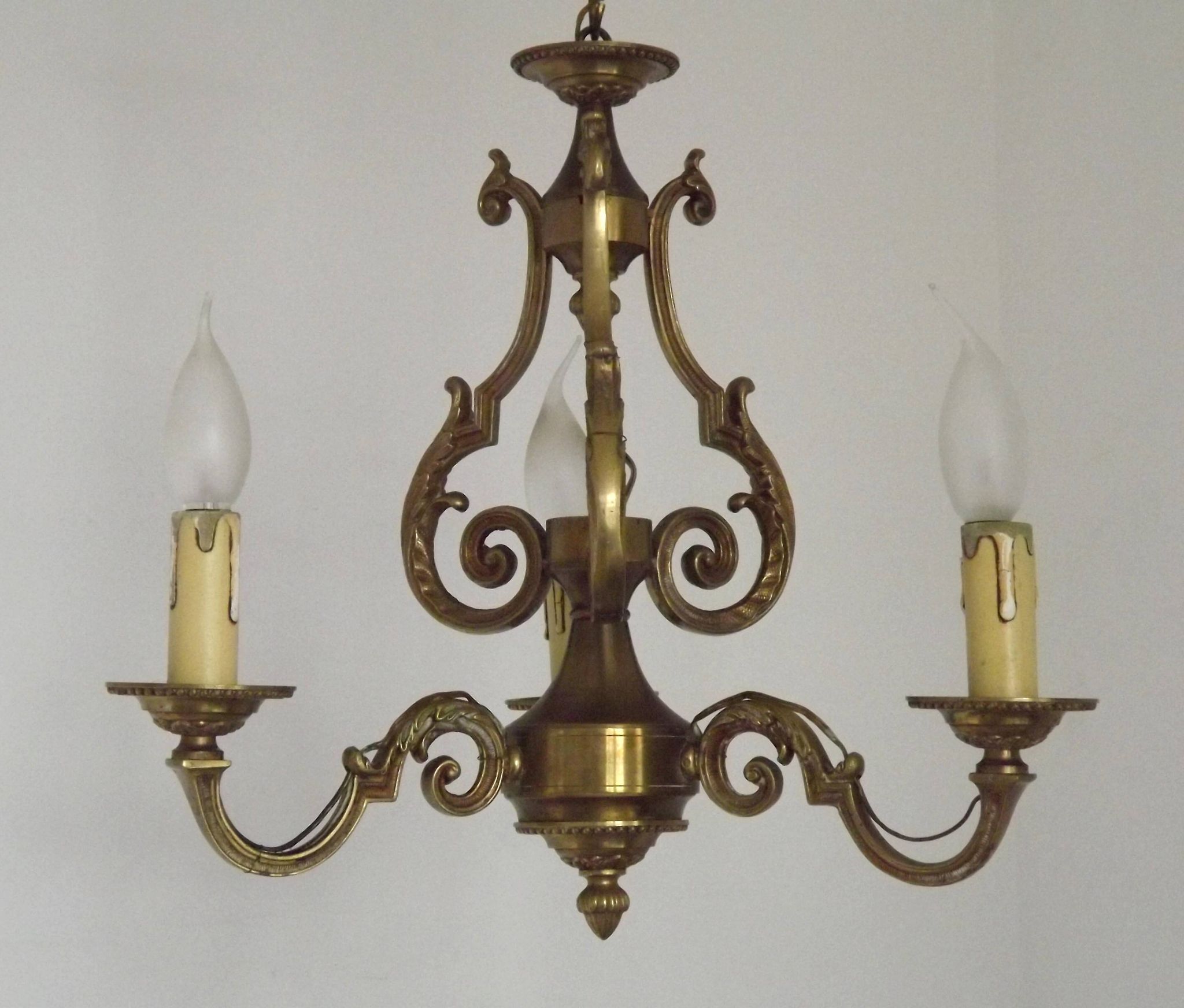 French Vintage Bronze Art Nouveau Style 3-Light 3-Sided Cage Chandelier