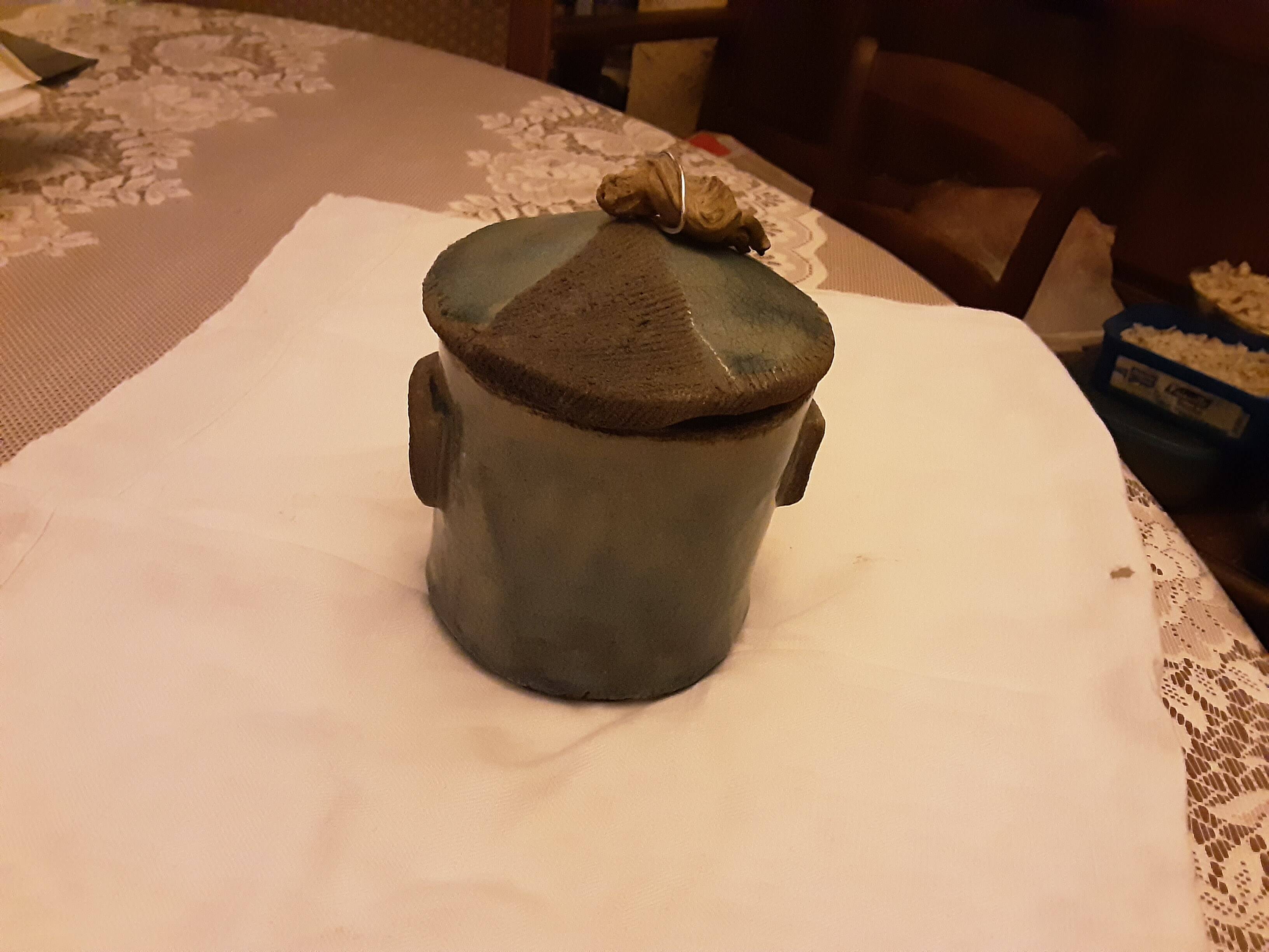 Glazed terracotta pot, gloss and matte, black felt lined on the base