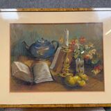 Grease pencil painting of objects on a flowery entablature