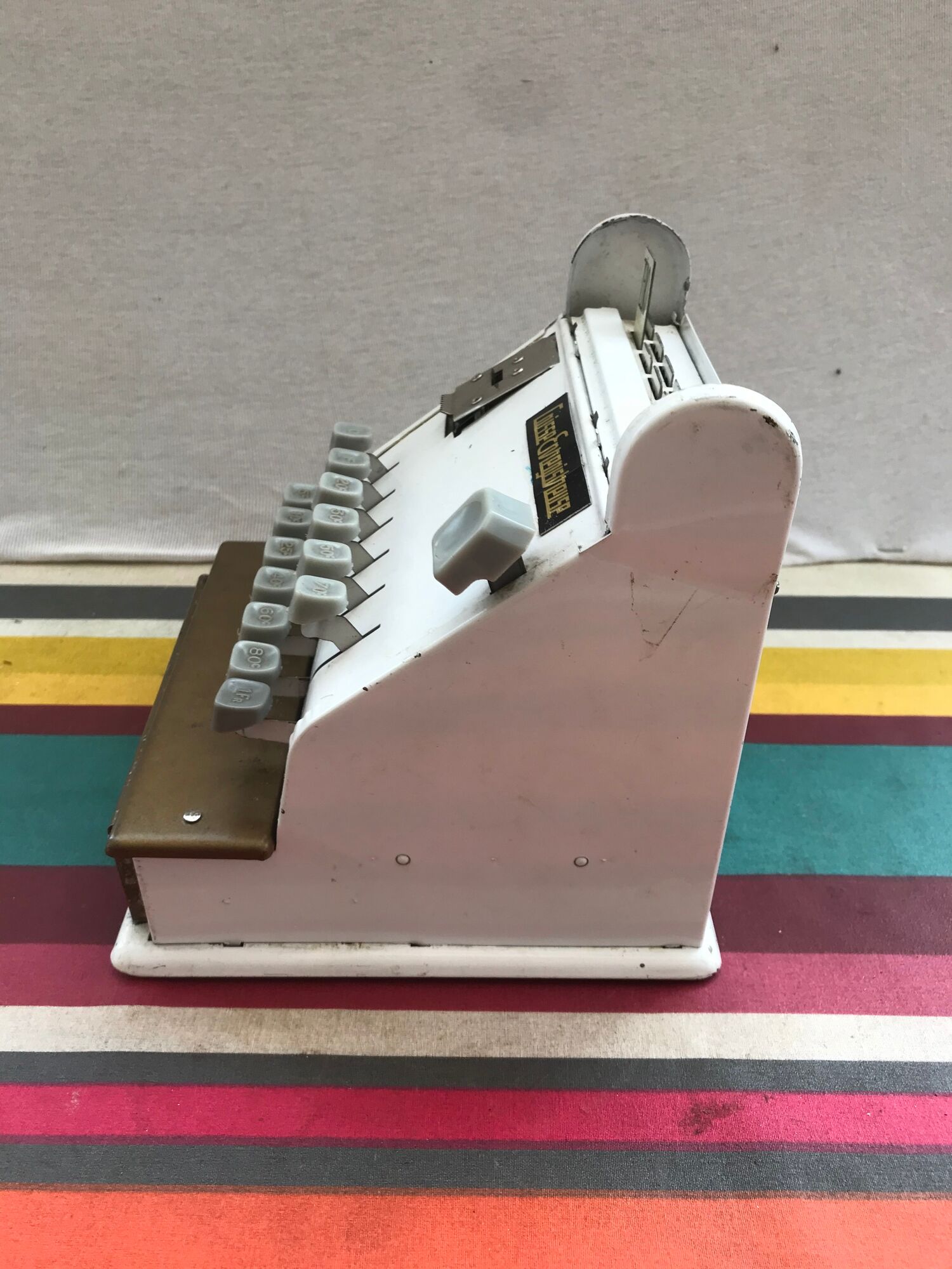 Former white metal cash recorder drawer box vintage child toy