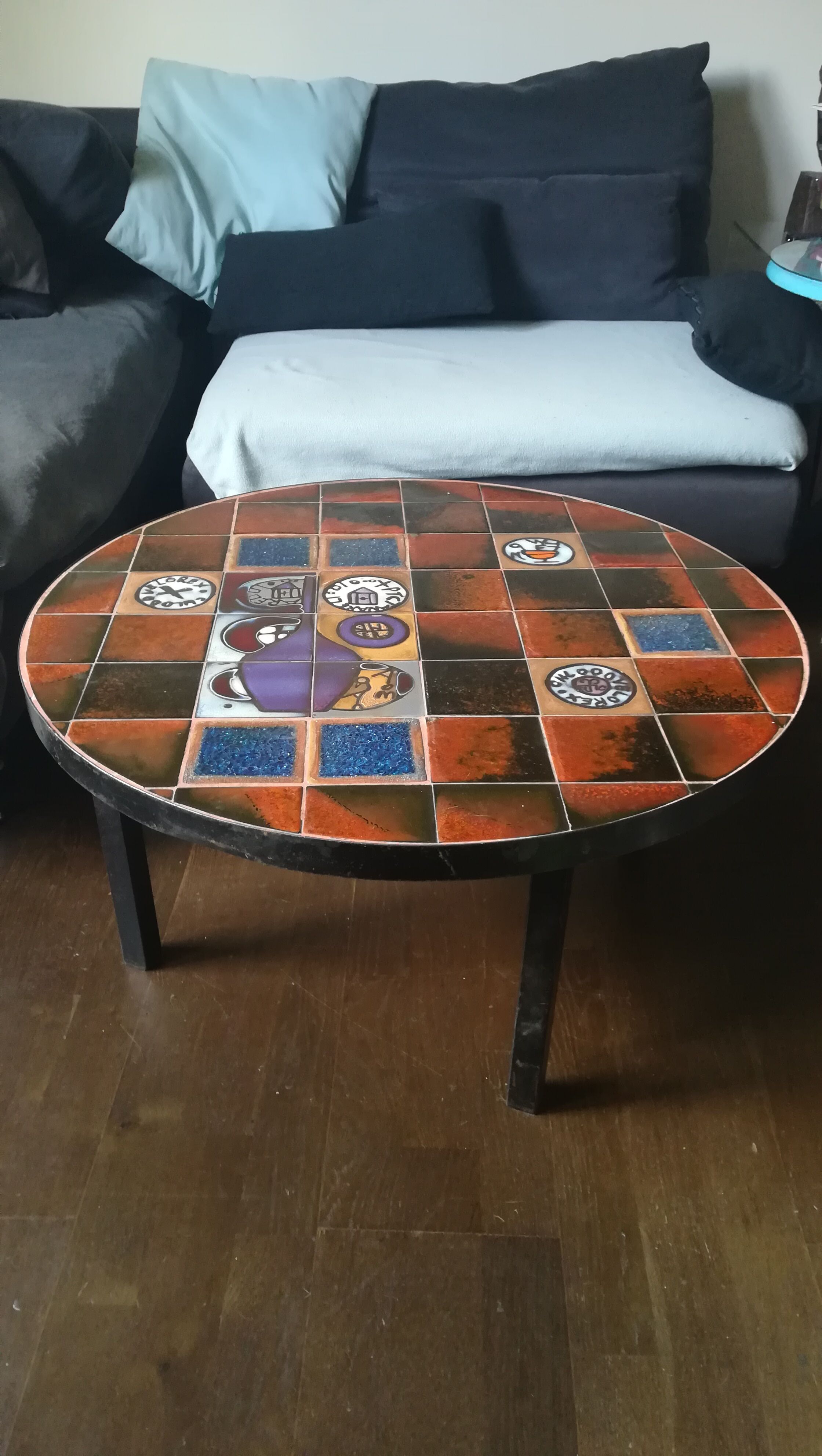 Coffee table, ceramic tray, metal feet, circa 1960