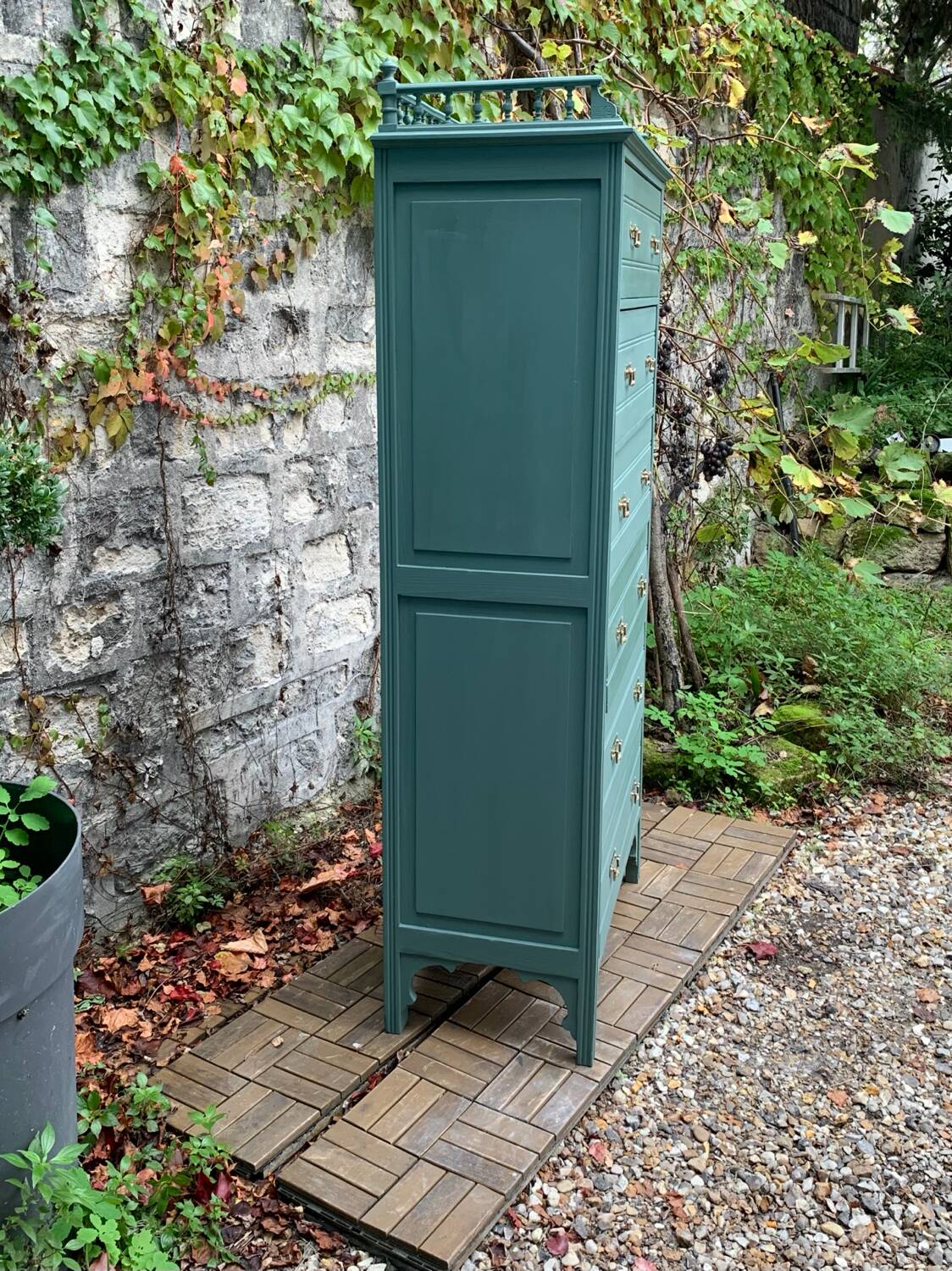 Old grey green high chest of drawers H160