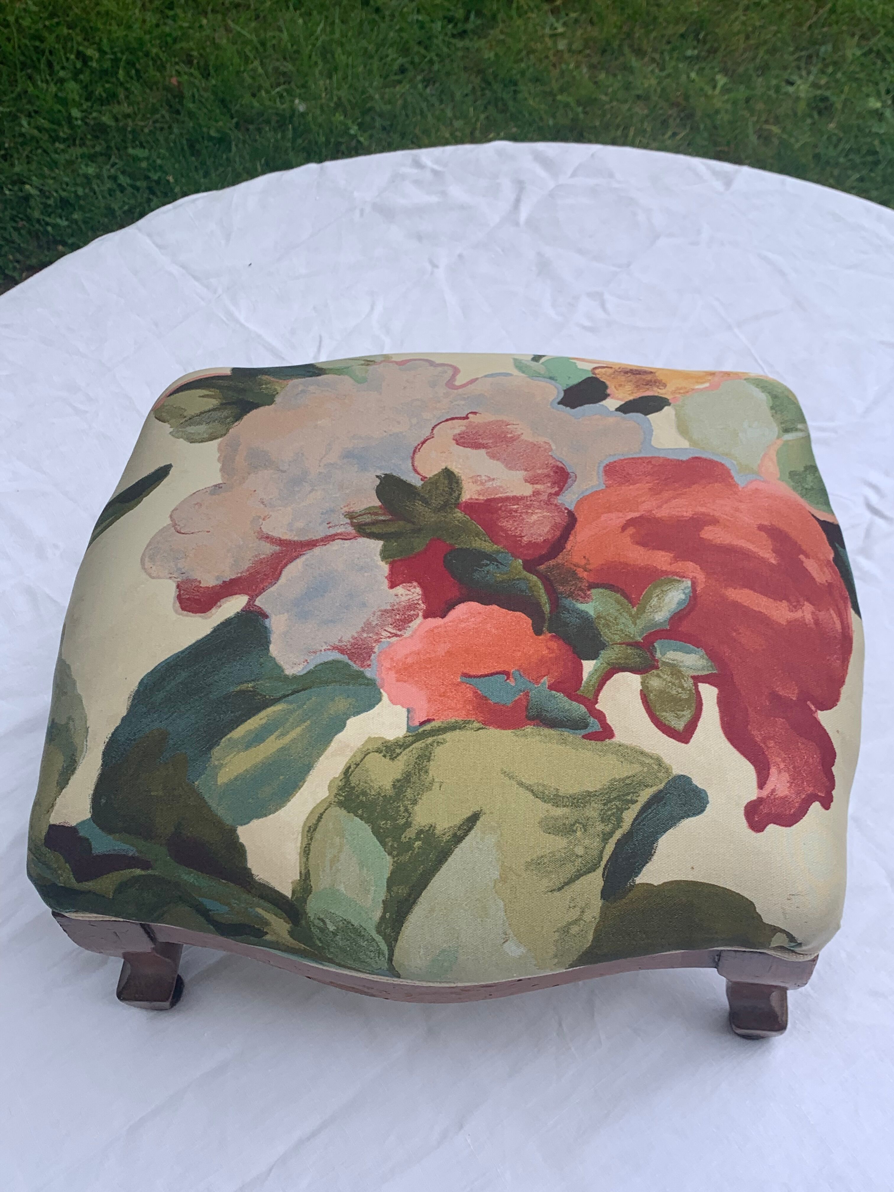 Footrest, wooden and antique floral fabrics