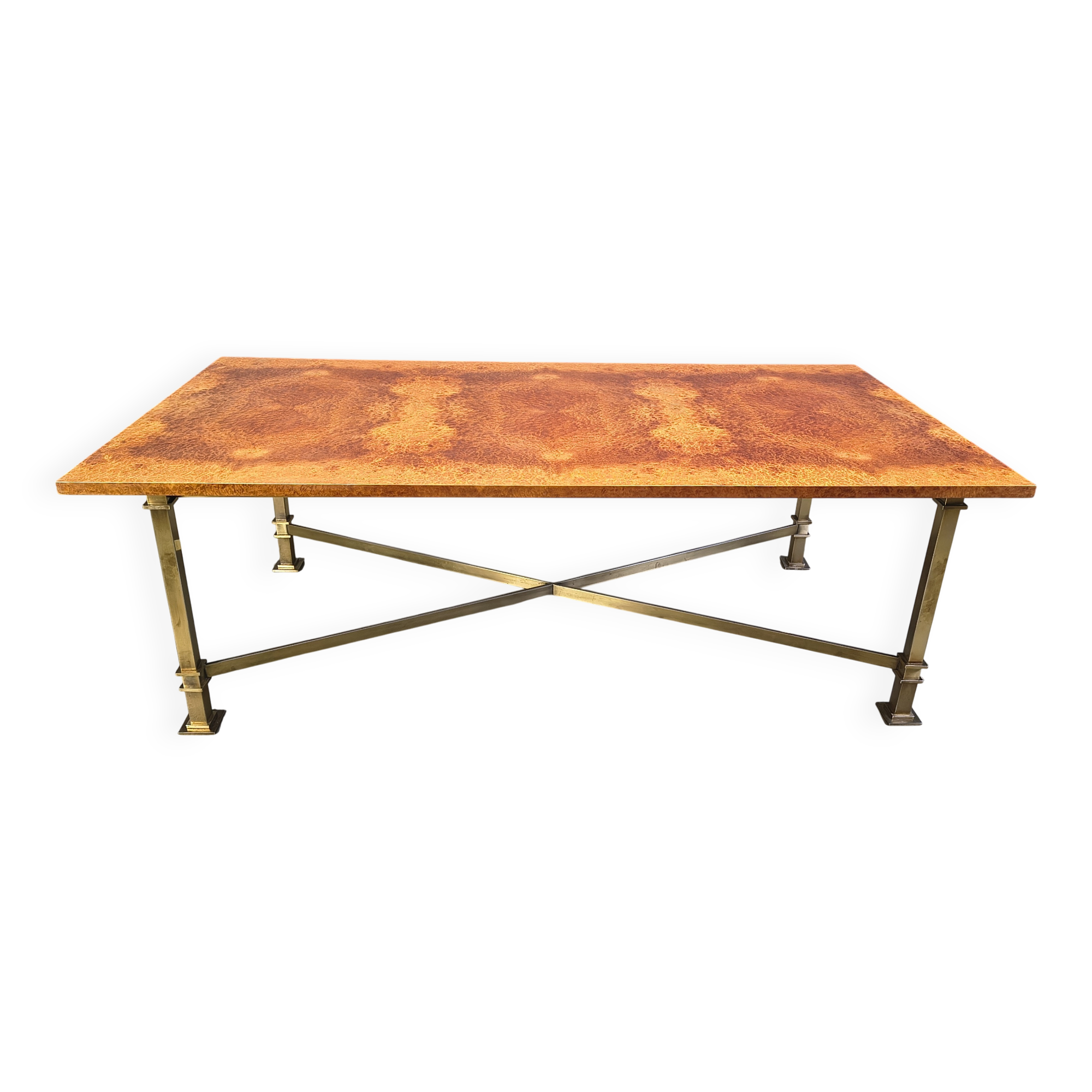Vintage burl wood and brass dining table by Belgochrom, 1970s