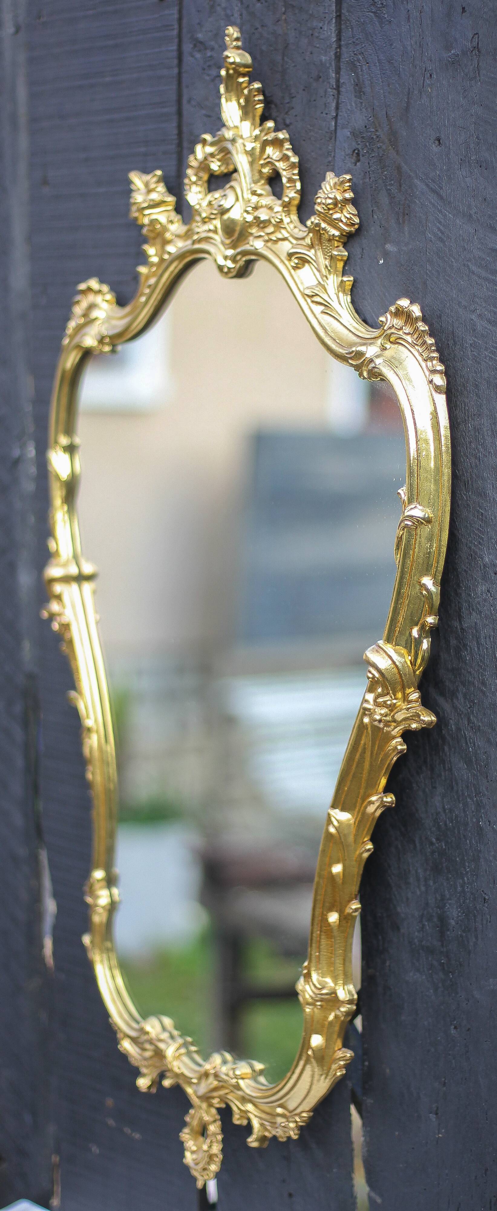 Console and its vintage mirror, brass and marble wall console, rococo style brass mirror