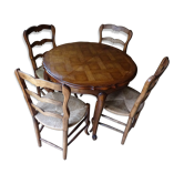 Louis XV style oak round table with 4 chairs