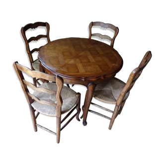 Louis XV style oak round table with 4 chairs