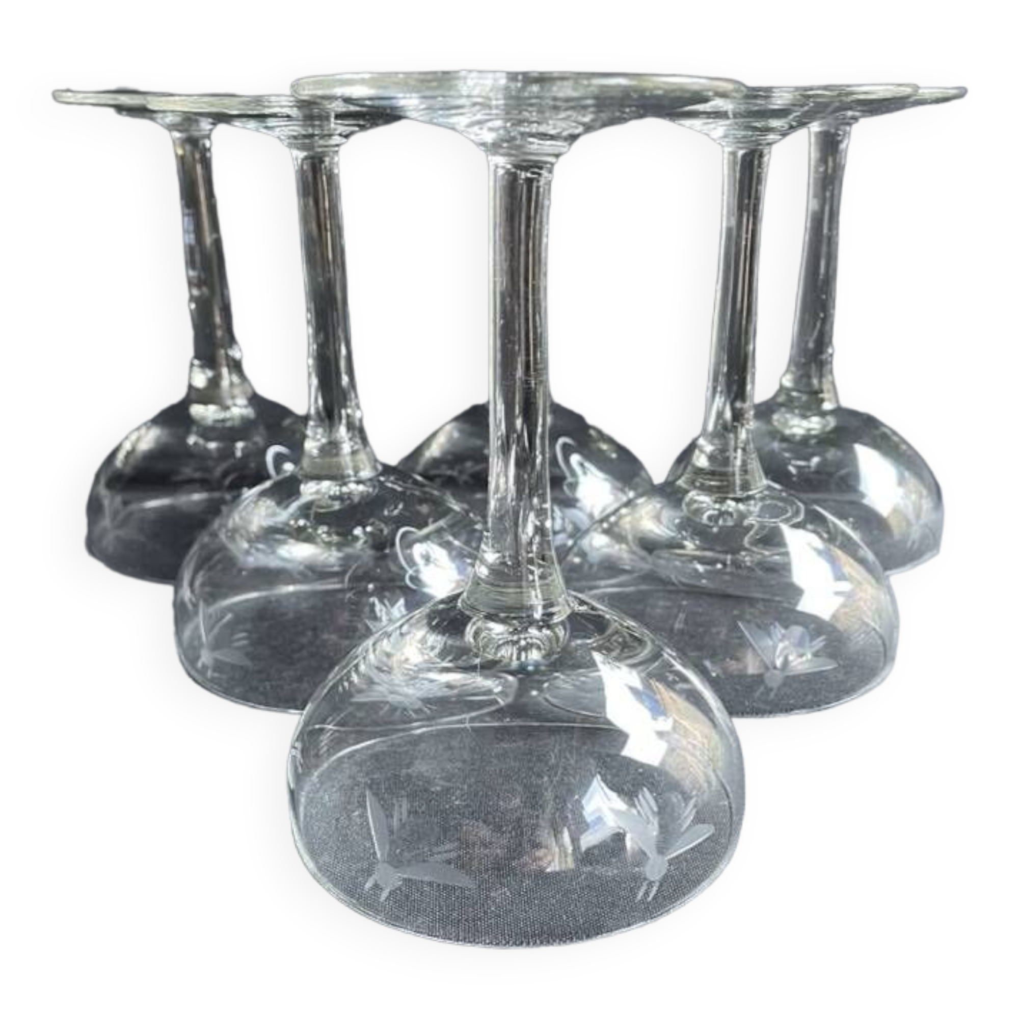 6 blown glass champagne glasses with cut bee decoration