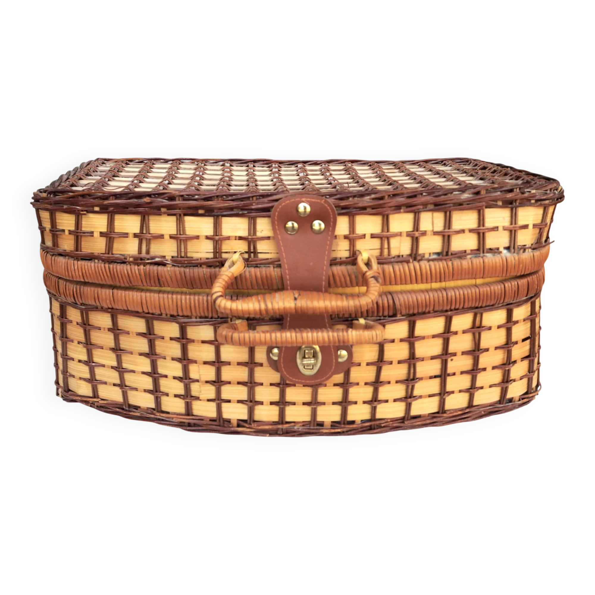 Wicker picnic basket, blue gingham interior.