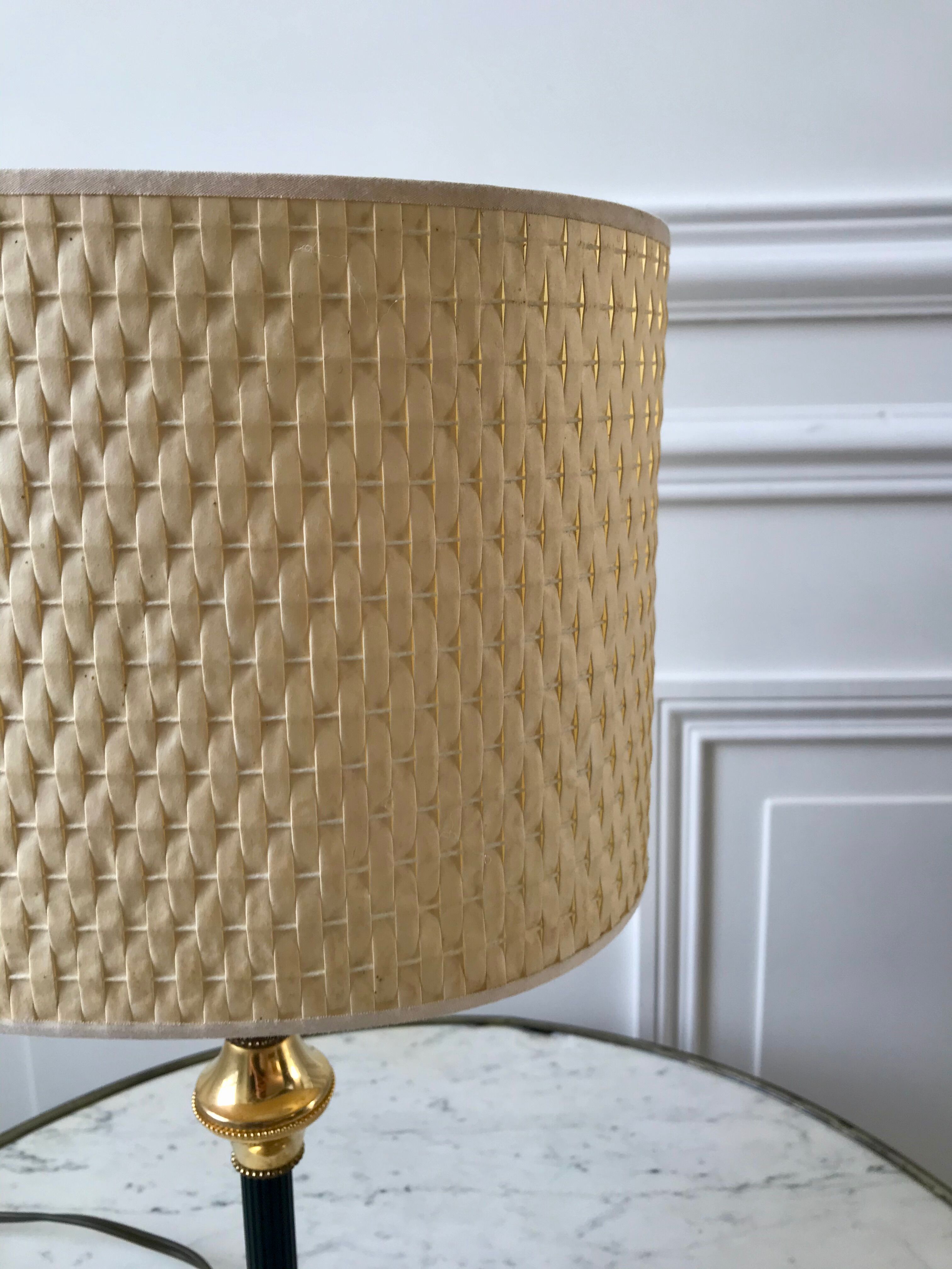 Brass and black metal lamp with woven lampshade woven 50s