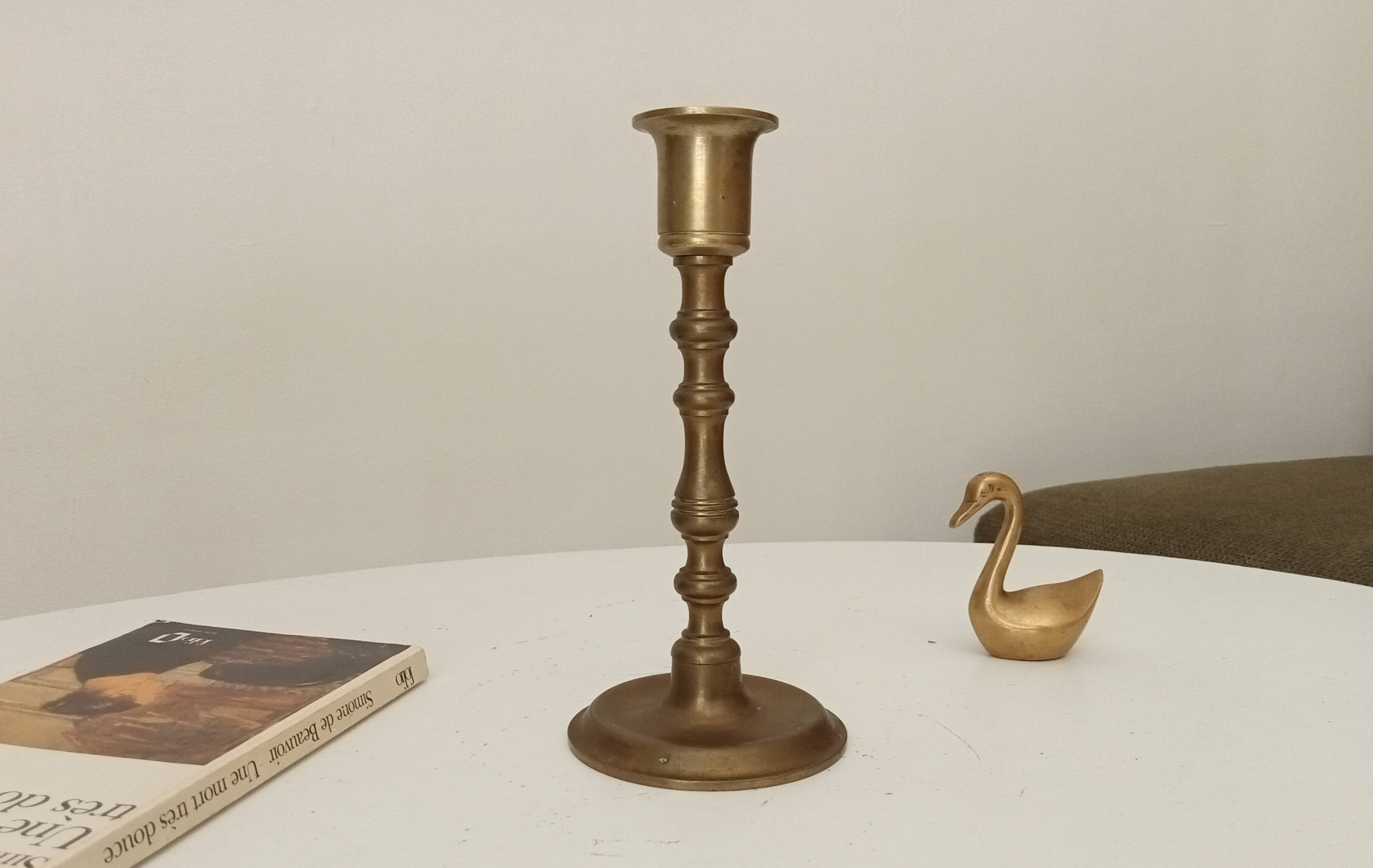 Antique candle holder in solid brass, gilded bis