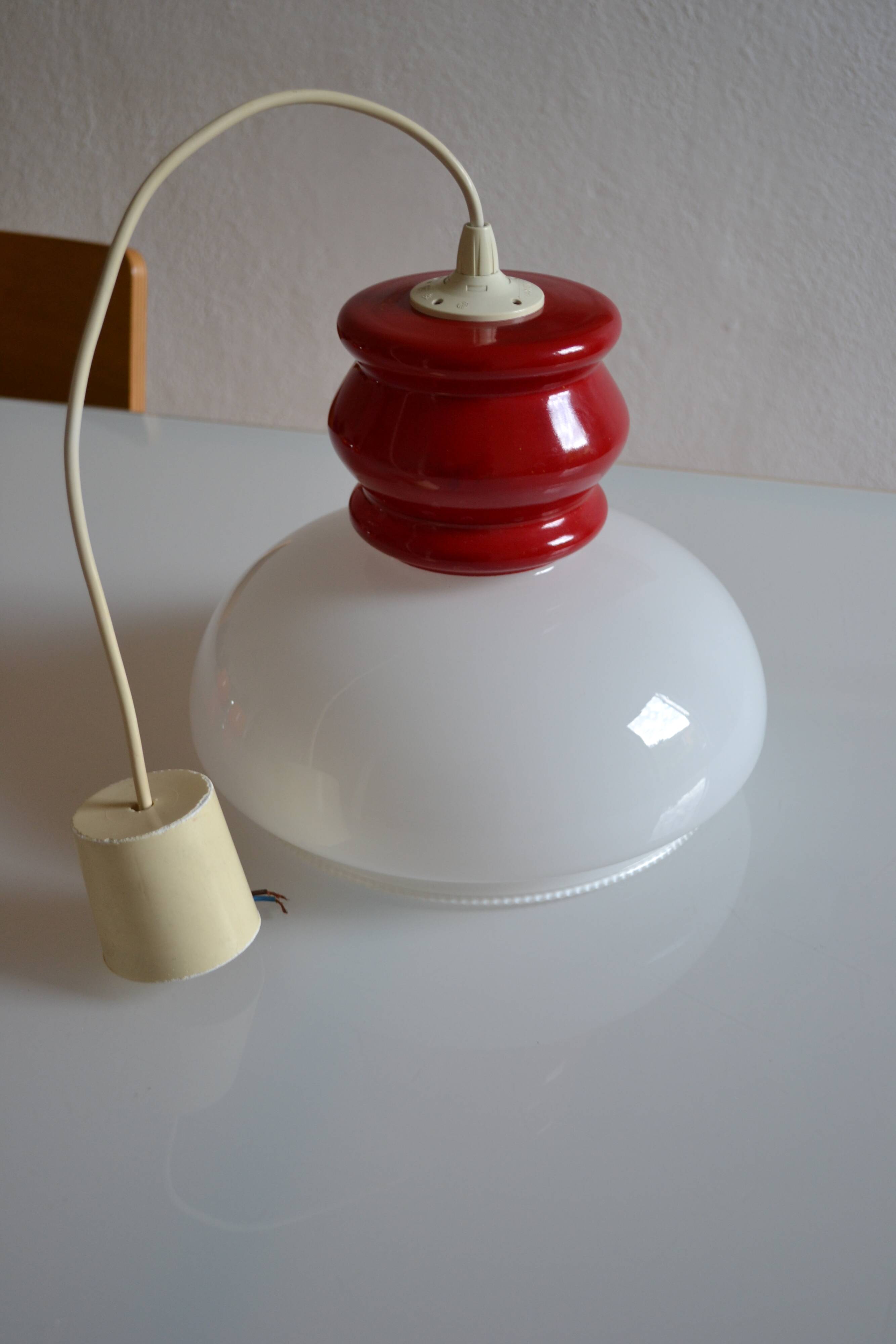 White and red opaline glass chandelier vintage 1970 space age