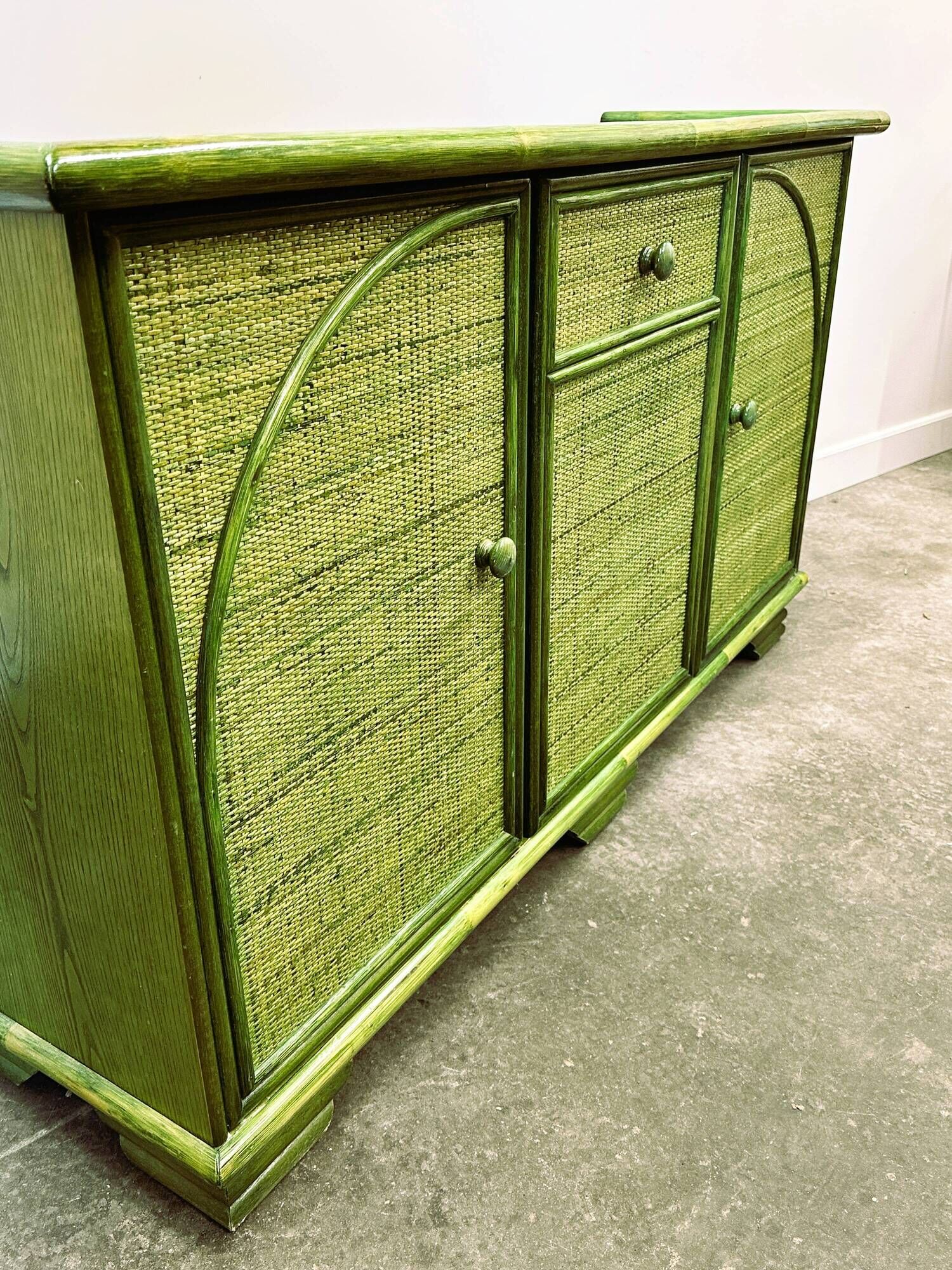 Green Vintage Rattan Sideboard By Maugrion, France, 1980s