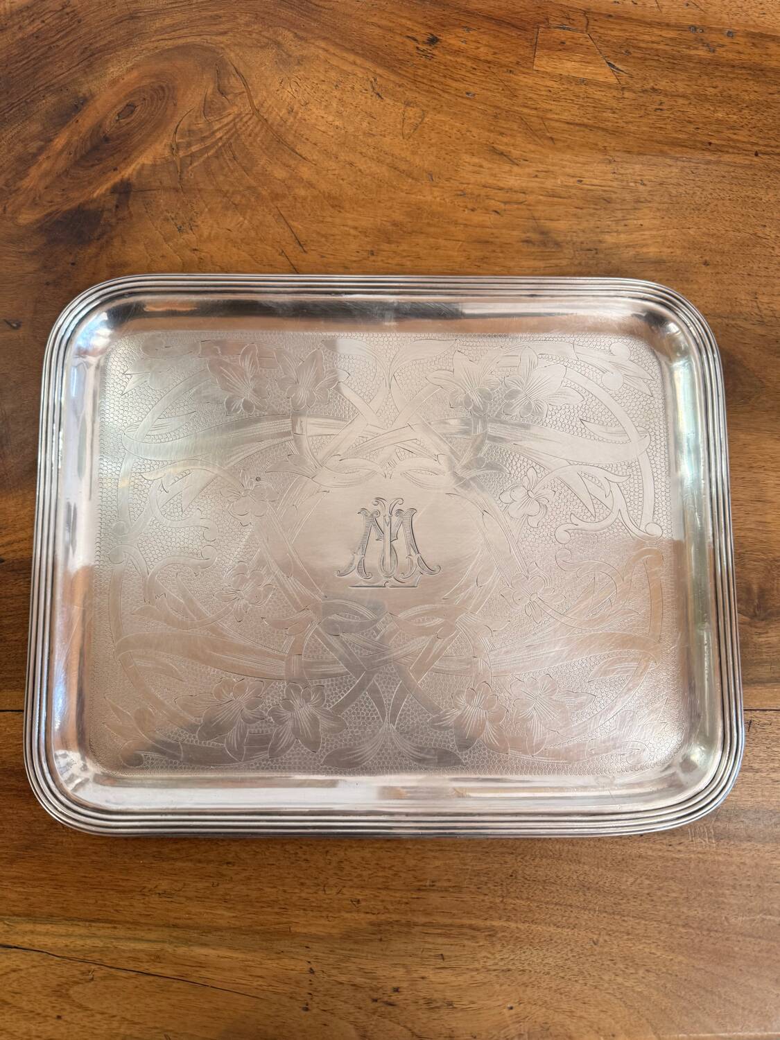 Silver-plated metal tray by Christofle – Floral decoration and monogram