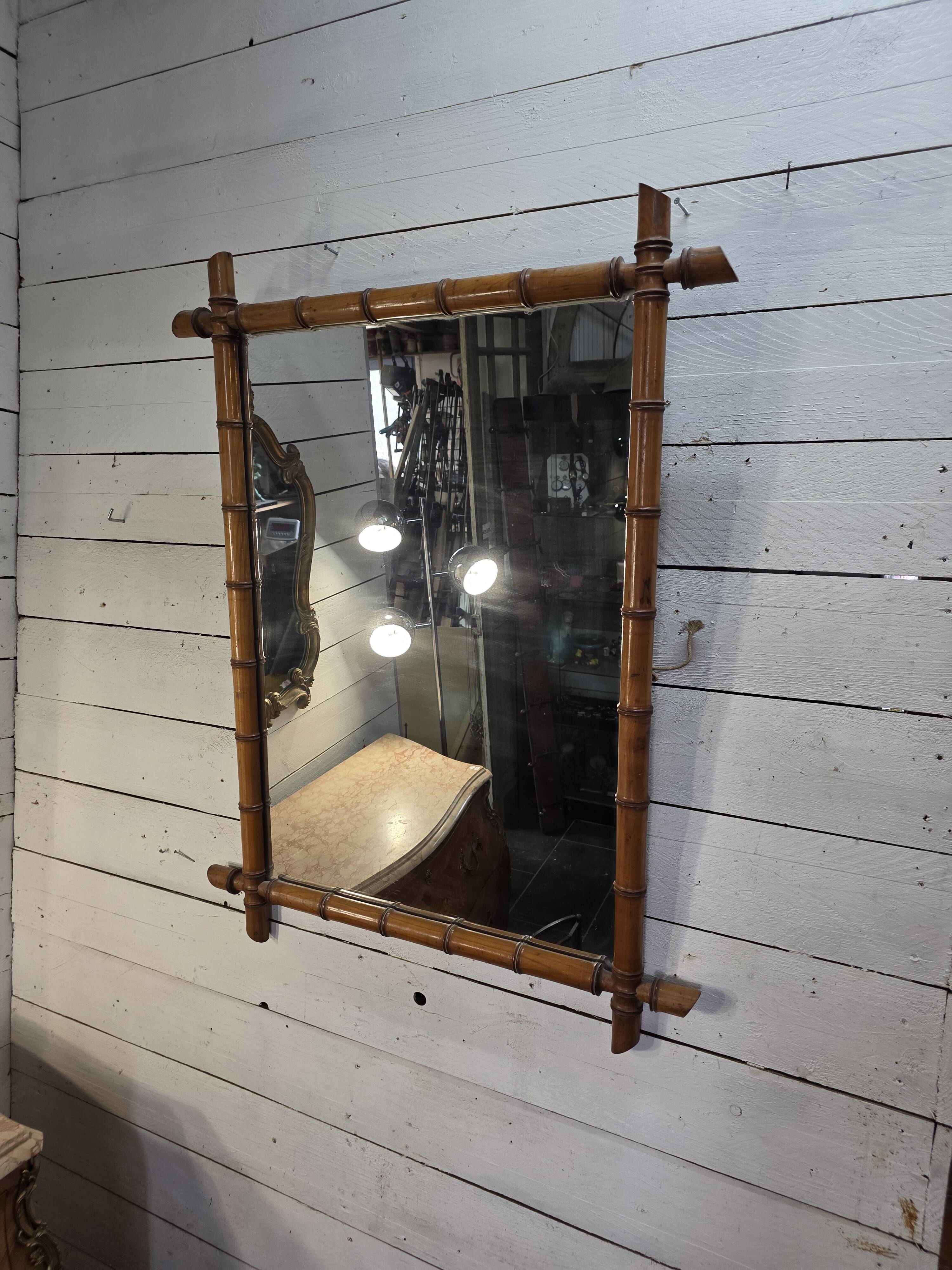 Large cherry wood bamboo mirror 100×76cm