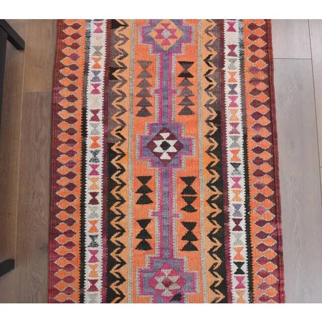 1970s Vintage Turkish Hand-Knotted Wool Cotton Orange Runner Rug 86x326