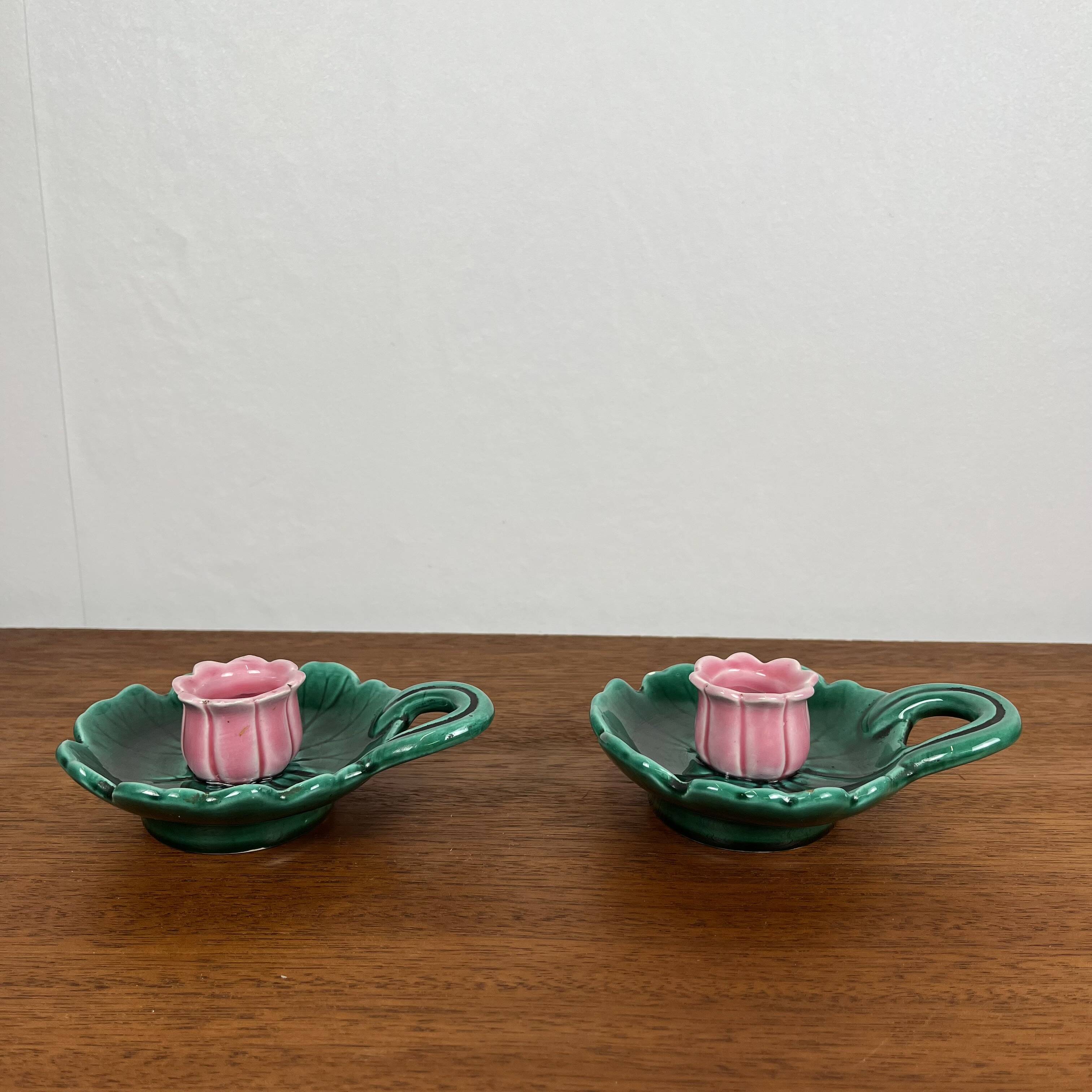 Duo of Barbotine candlesticks in Art Nouveau style or inspired by naturalism