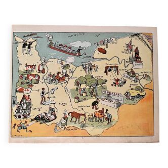 Old poster illustrated map of Normandy 1947 - JP Pinchon