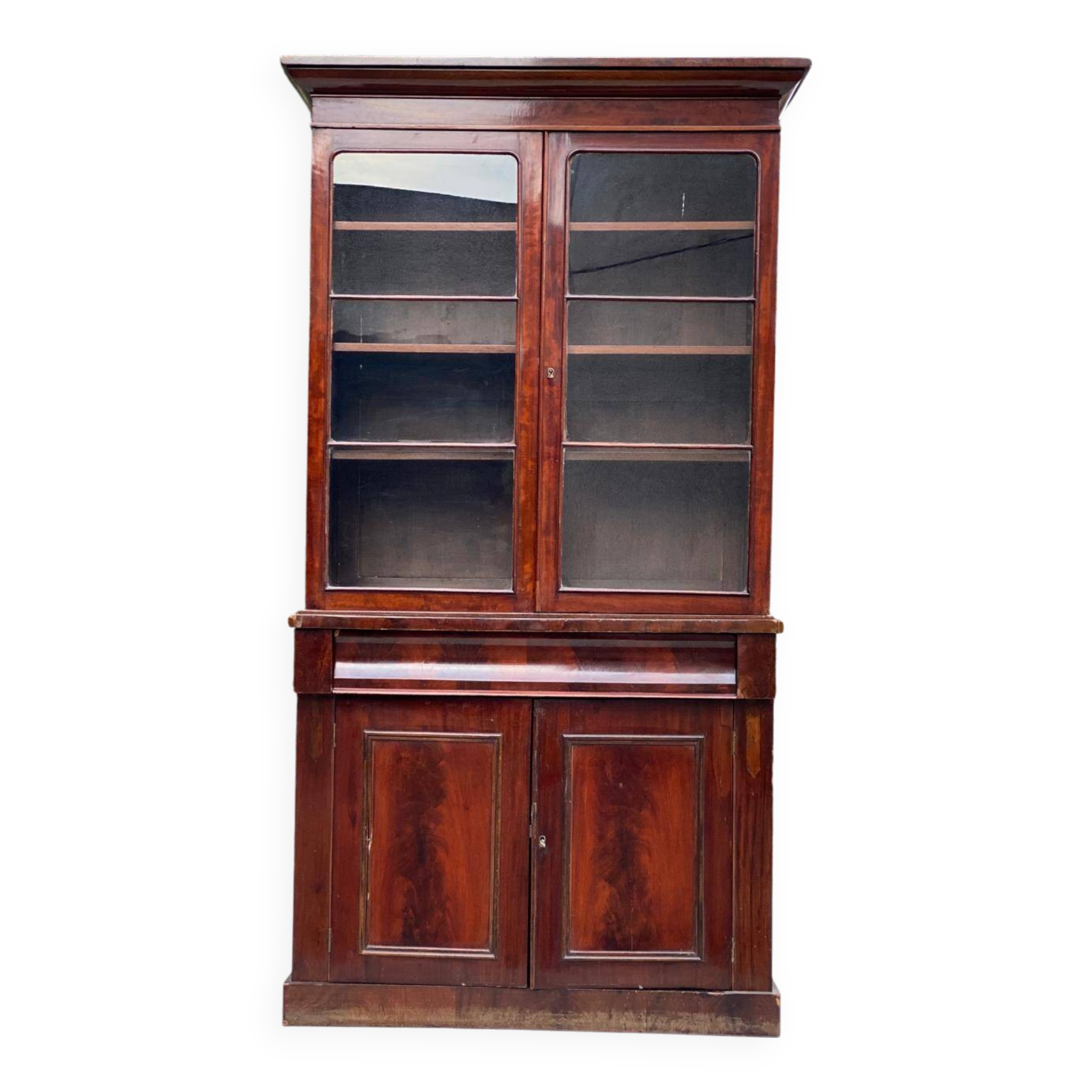 Buffet 2 corps vitrine victorienne marqueterie d'acajou laqué | Selency