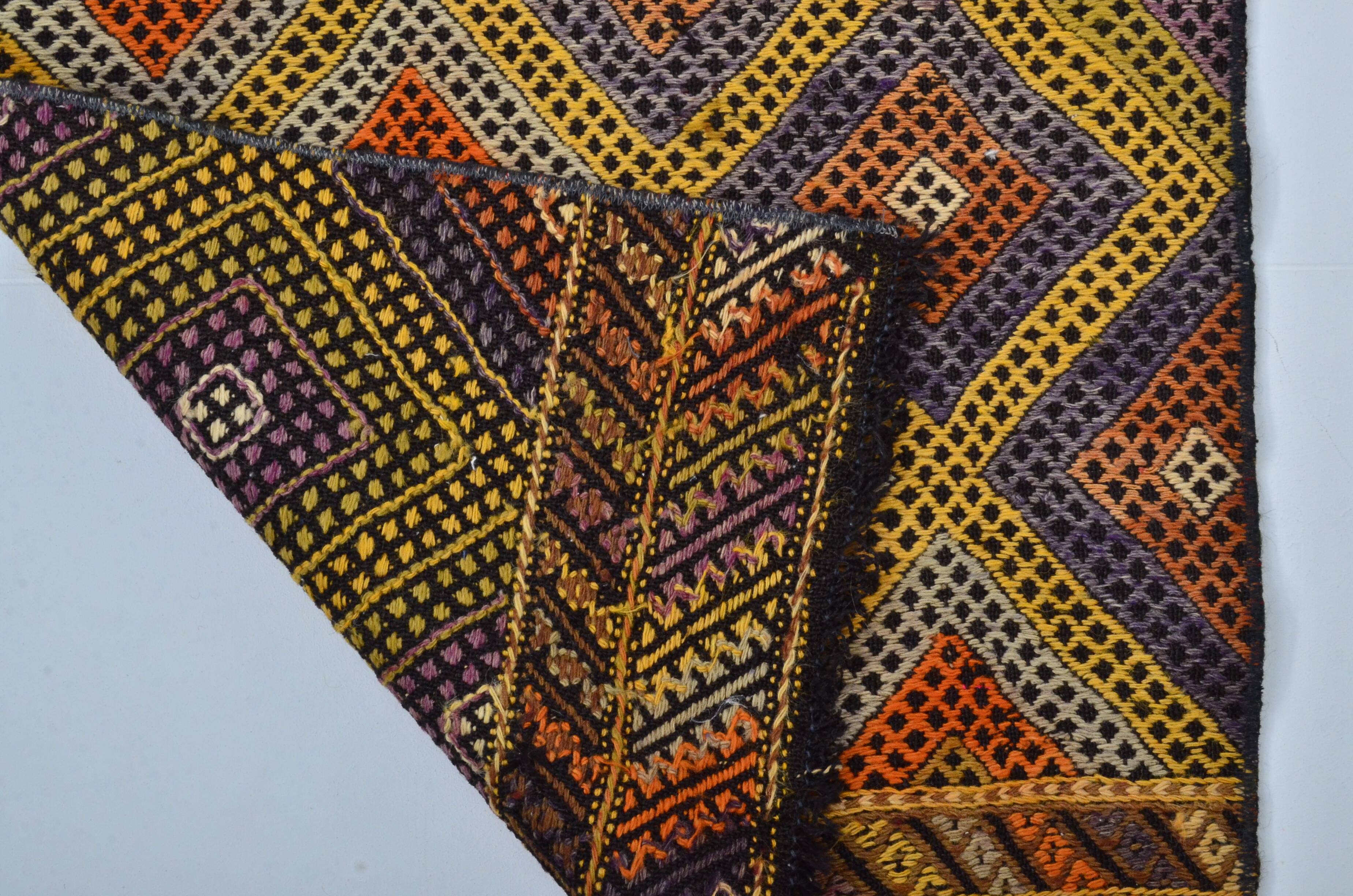 Tapis Kilim en laine tissé à la main de style bohème turc, référence 3401