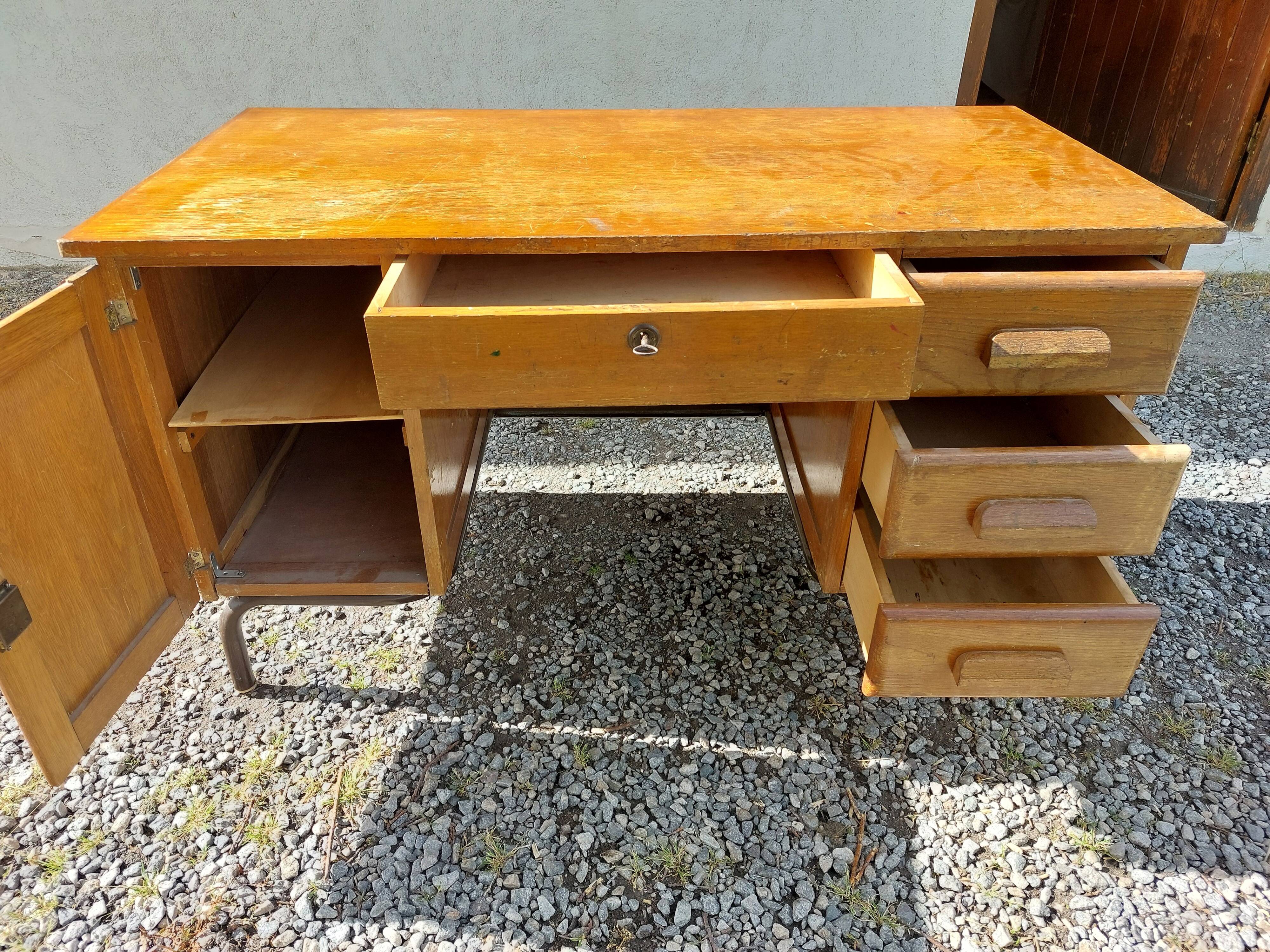 schoolmaster's desk, wood and metal, with drawers and cupboard