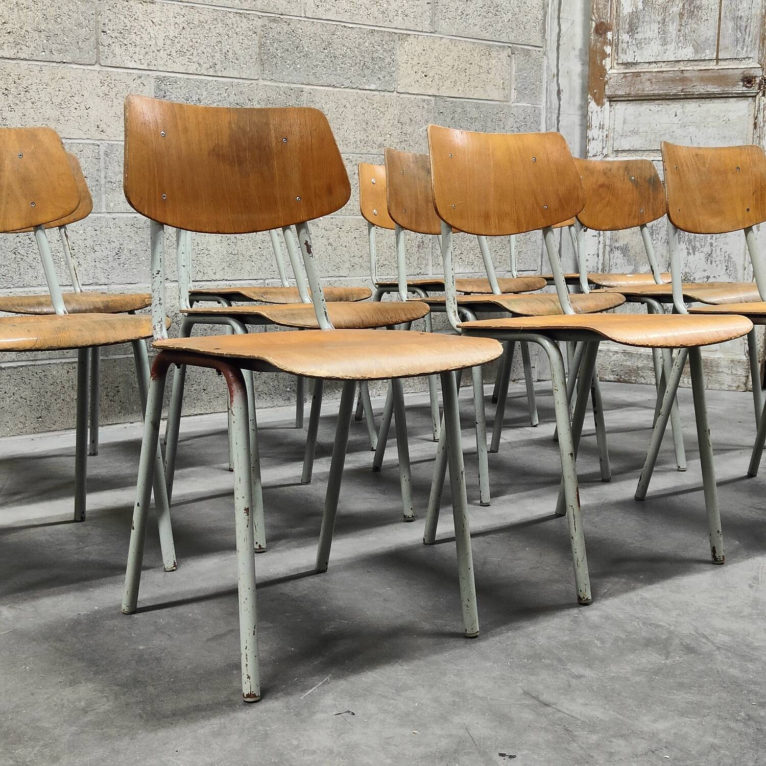 Set of 12 metal and wood school chairs Czechoslovakia Kovona