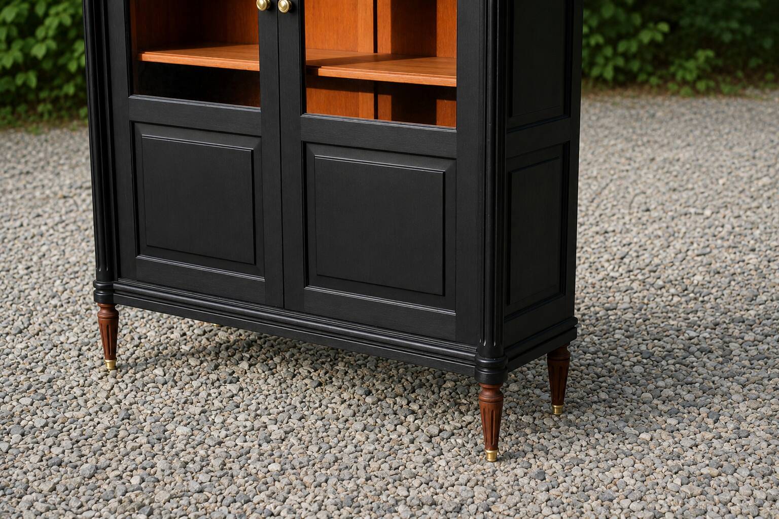 Renovated black antique Louis XVI style display cabinet, glass-fronted bookcase.