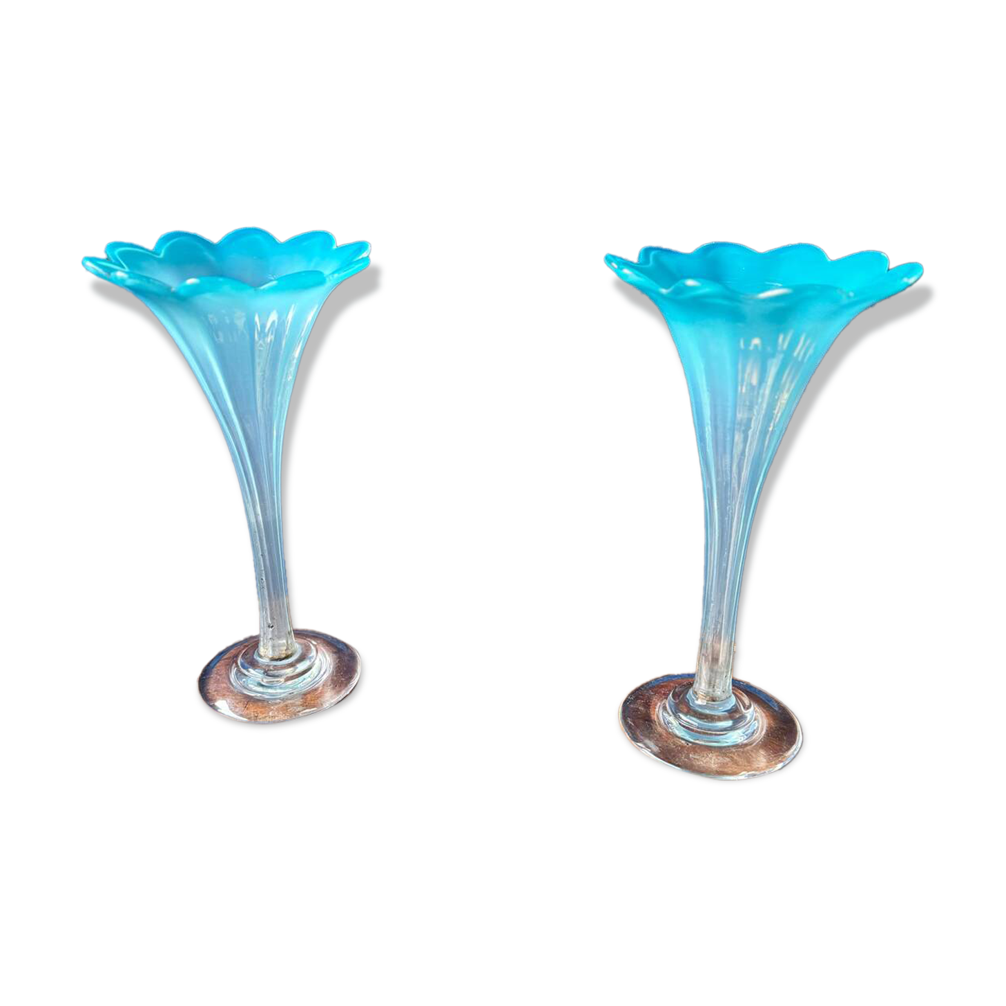 Pair of "tulip" soliflore vases in blue opaline glass – N period
