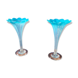 Pair of "tulip" soliflore vases in blue opaline glass – N period