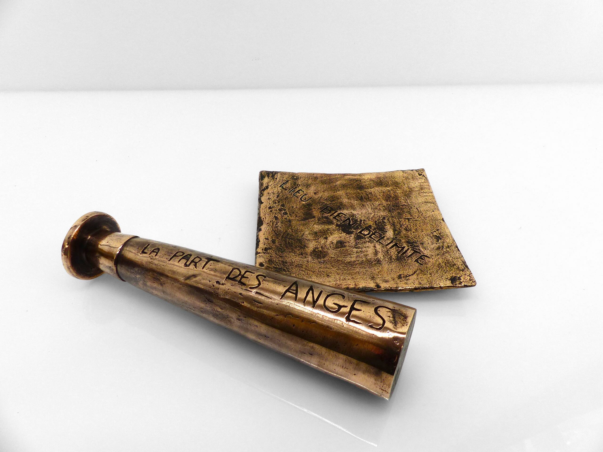 Brutalist bronze ashtray and candle holder set, France, circa 1980