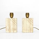 Pair of solid travertine table lamps with incised decoration, French production.