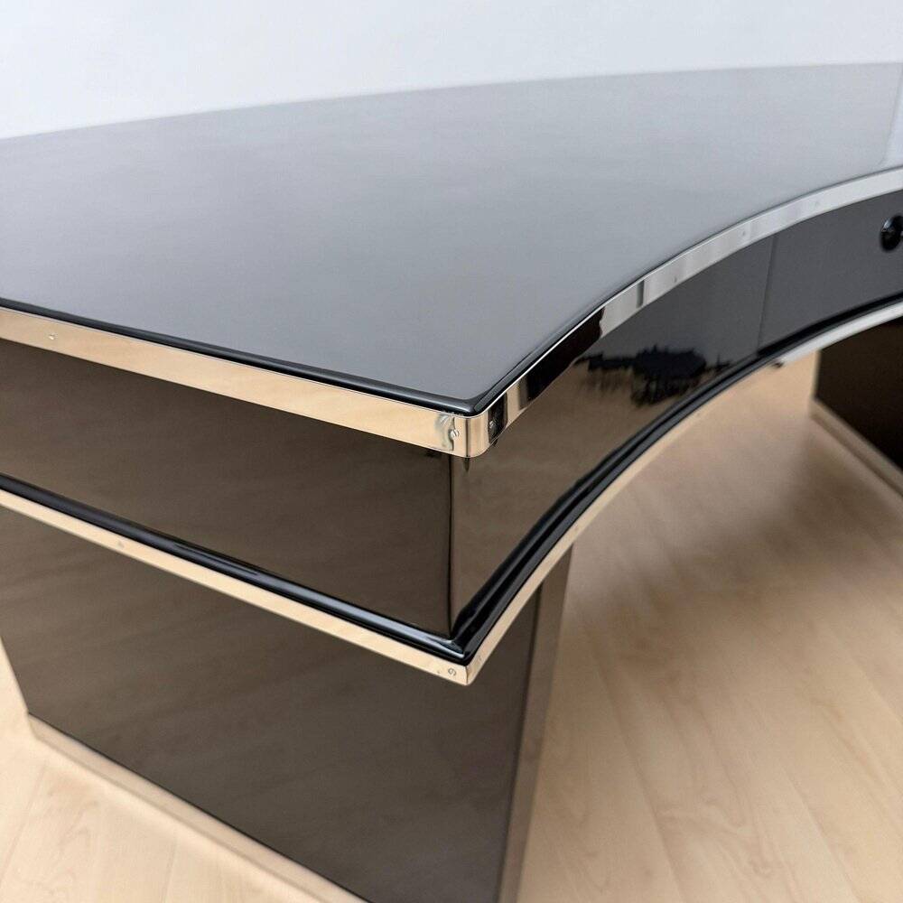 Art Deco desk in black lacquer, walnut & metal, France, 1950