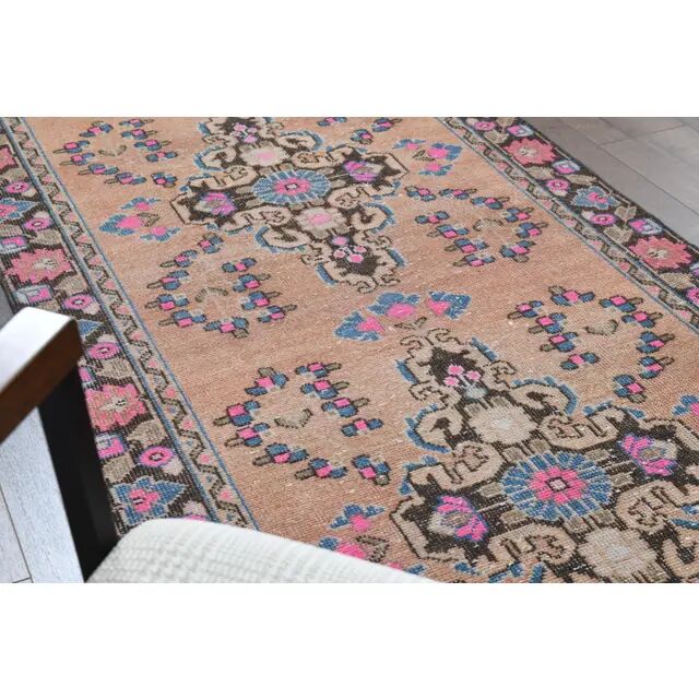 1970s Vintage Turkish Oushak Handmade Wool Cotton Pink Runner Rug 103x302