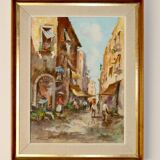 Mid-century oil on canvas painting" city street scene  " by moriani --vintage & framed
