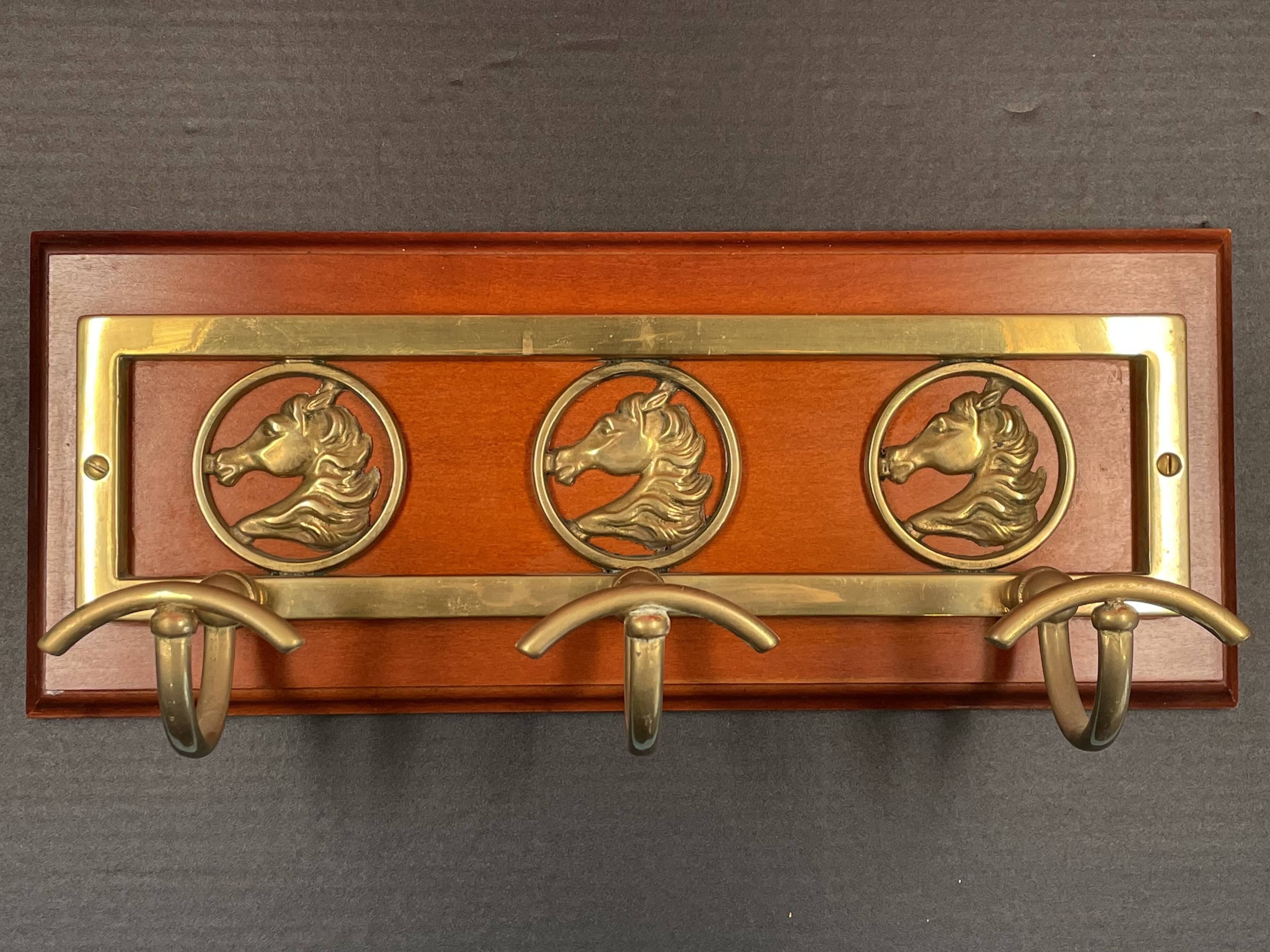 Wood and brass coat rack - 3 hooks. 39cm