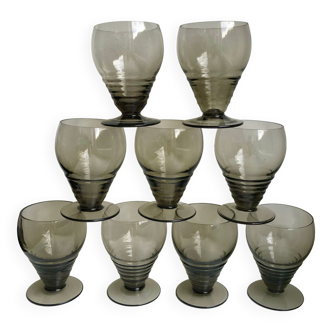 Set of 9 art deco liqueur glasses in smoked glass 30-40s