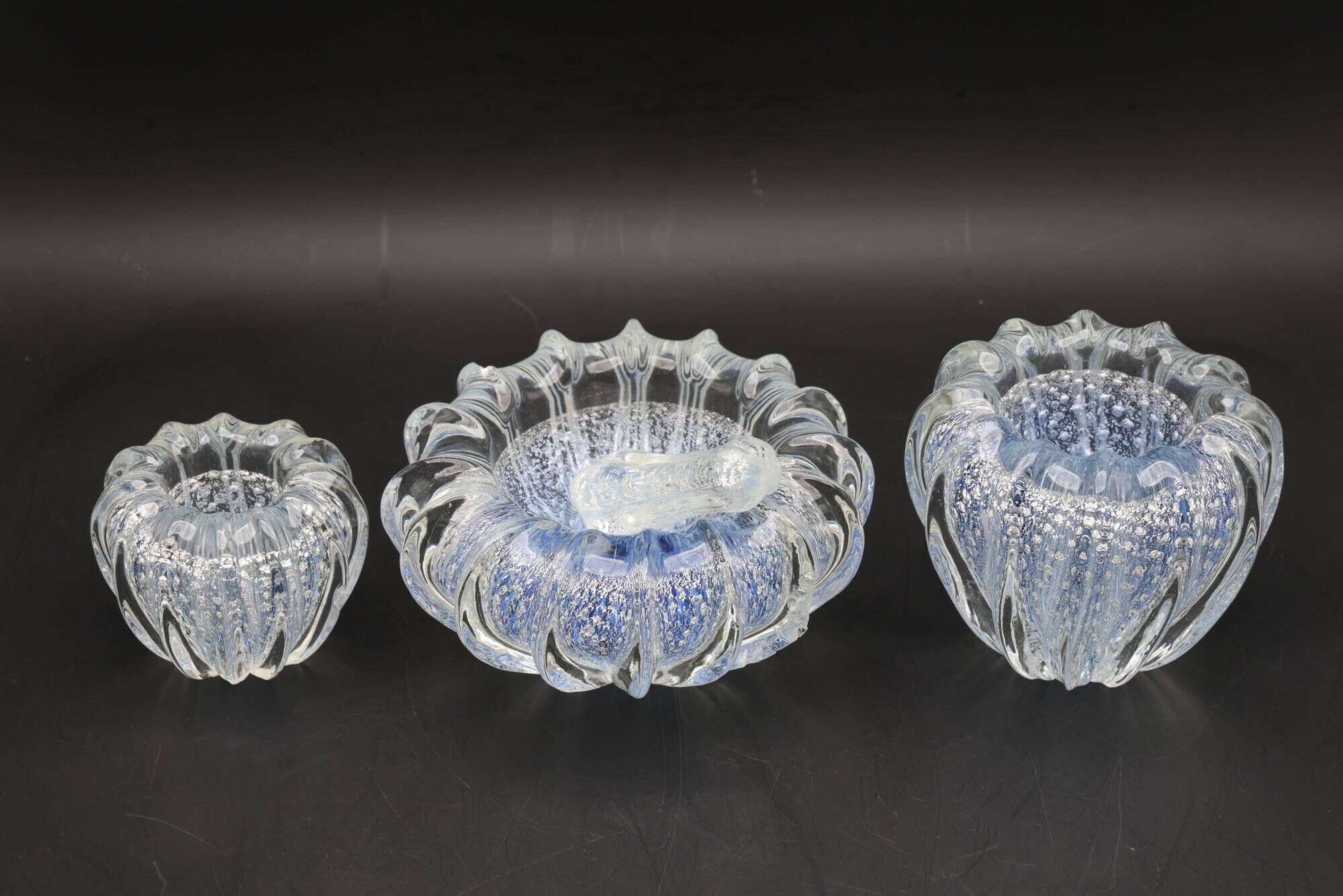 Set of 3 Blue Ercole Barovier "Bullicante" Murano Glass Vase for Barovier &