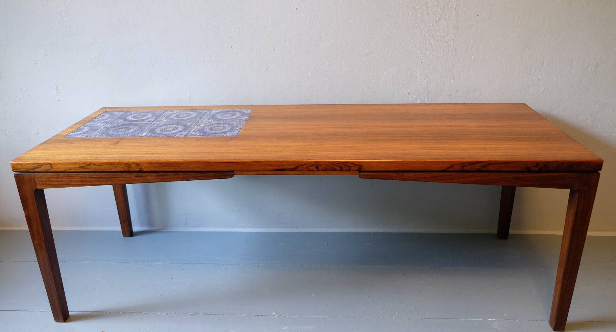 Rosewood coffee table with blue ceramic tiles, Denmark 1960s