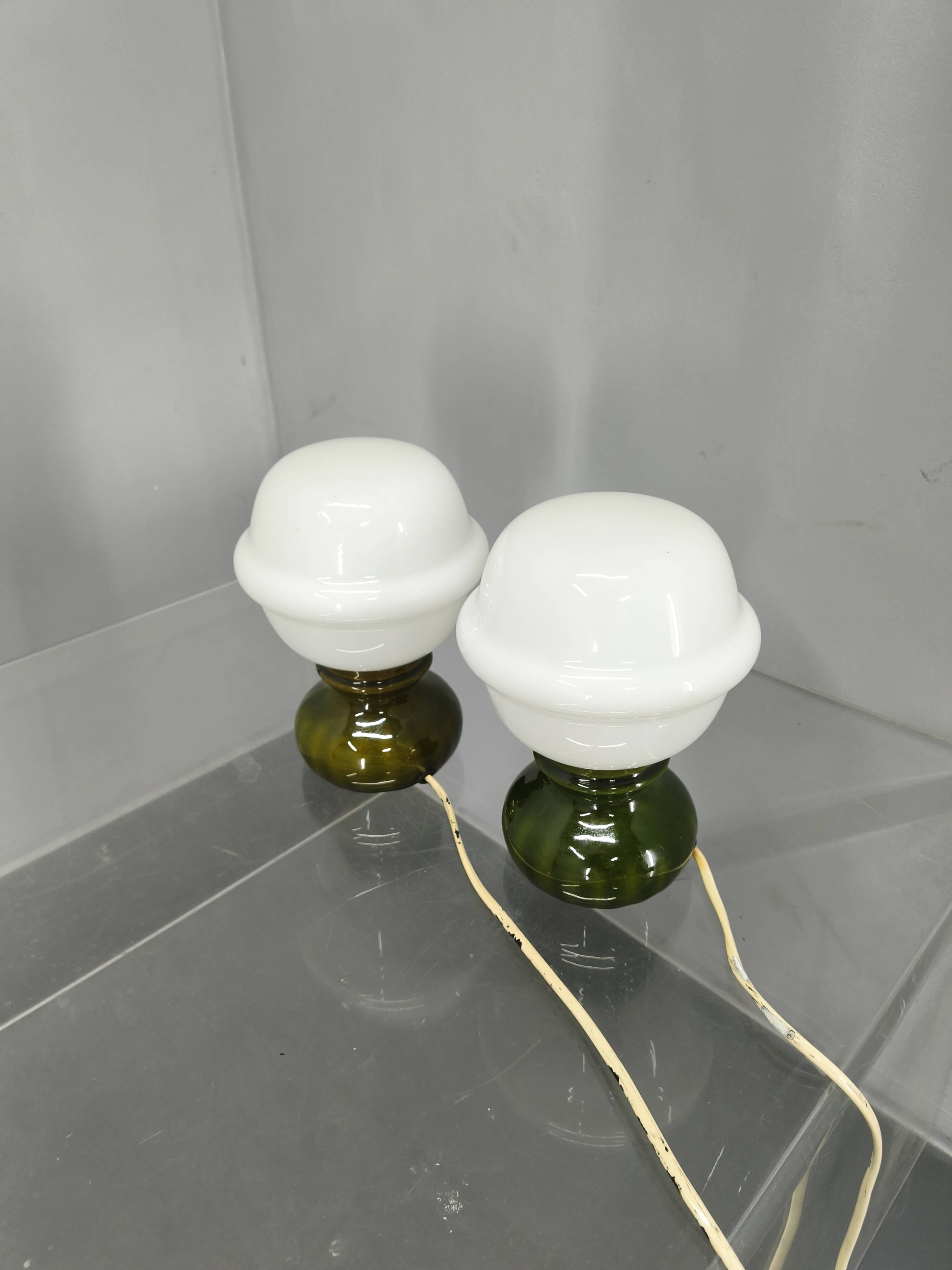 Pair Czech 1970s Milk Glass and Green Ceramic Table Lamps