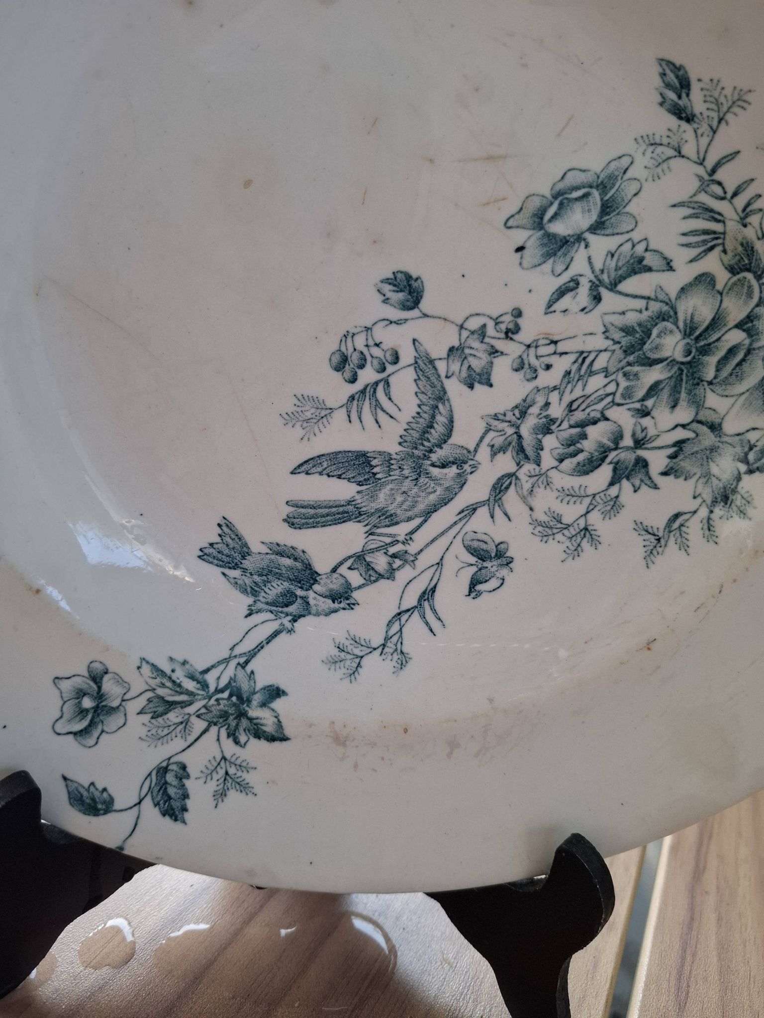 Old set of 2 terre de fer longwy dishes – bird and flower decoration