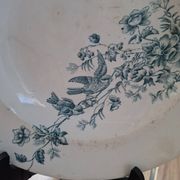 Old set of 2 terre de fer longwy dishes – bird and flower decoration