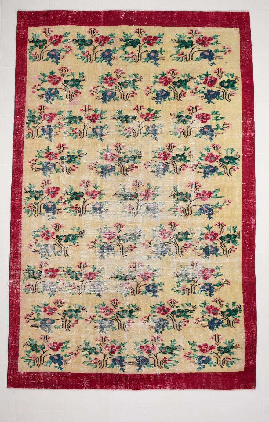 Ruby Red Vintage Floral Turkish Rug, Handmade Wool Carpet, 202x309 Cm