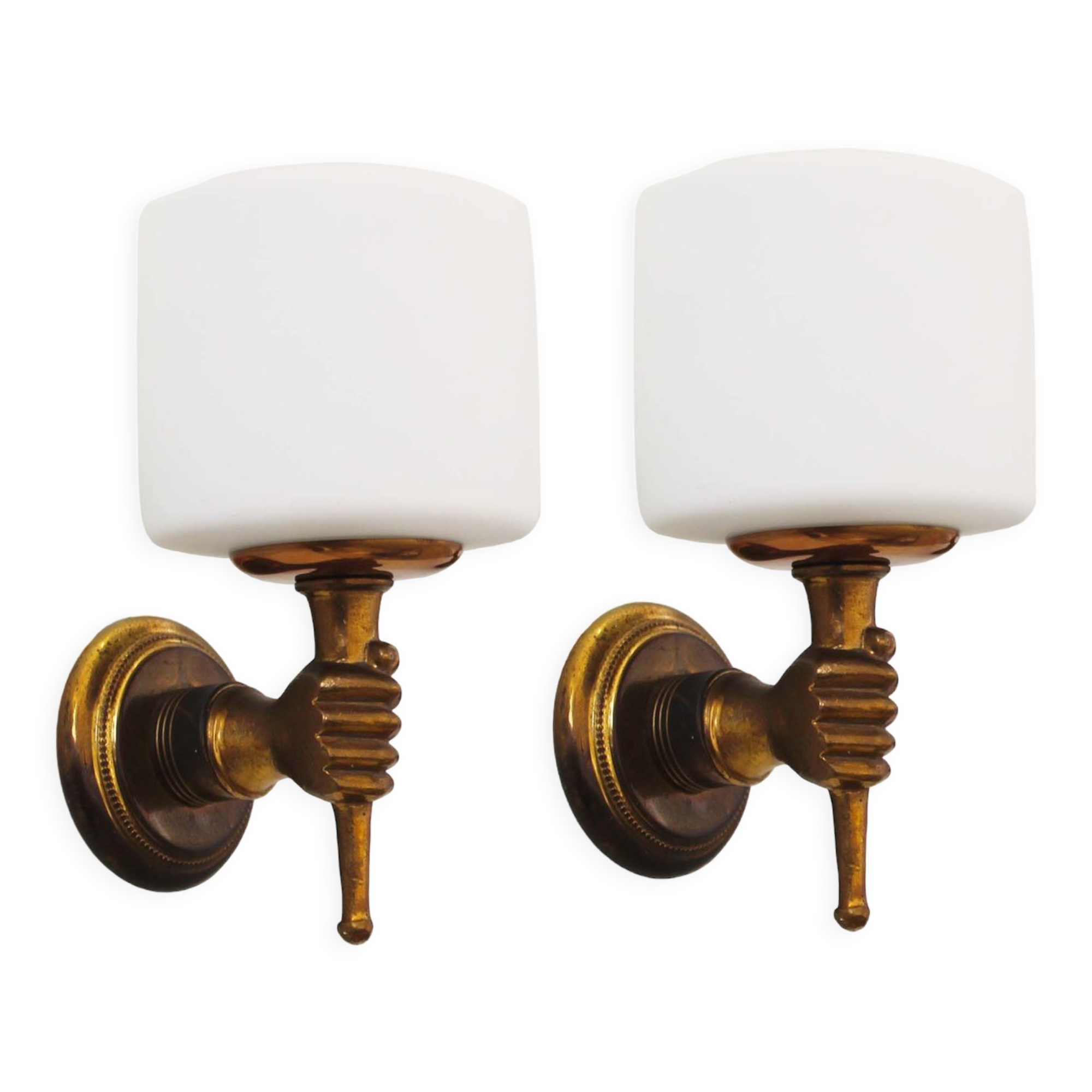Pair of 1950’s solid brass ‘torch holding hand’ wall sconces by maison arlus